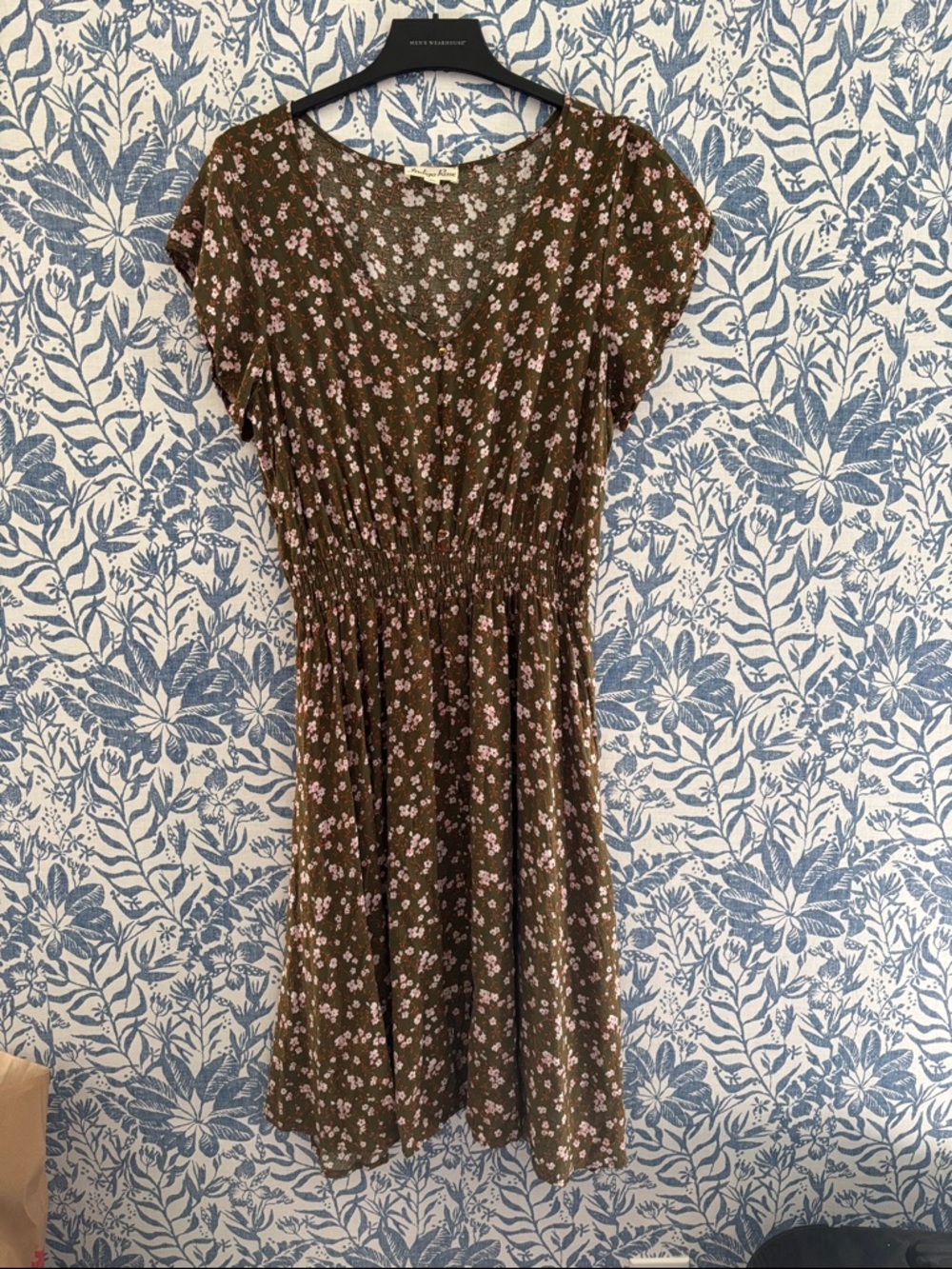 Floral Olive Green Midi Dress with Smocked Waist